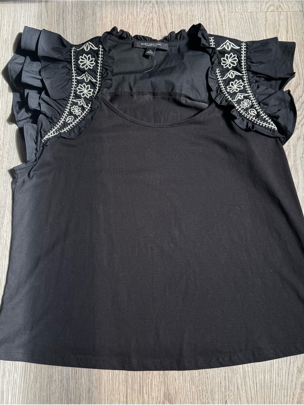 Marc New York Andrew Sleeveless Black Ruffle-Embroidered Tank